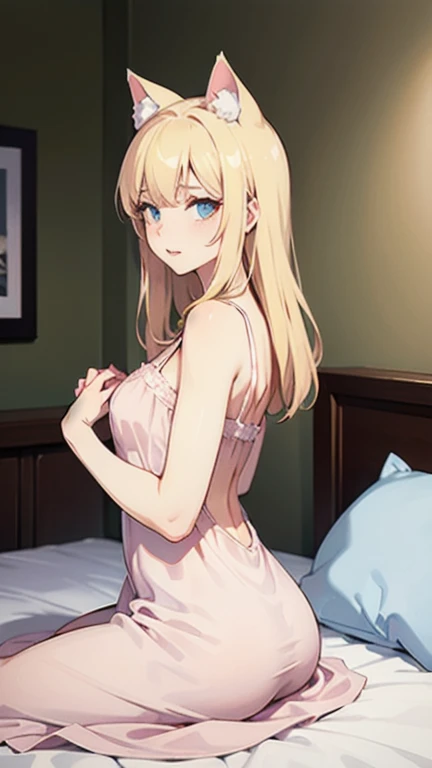 22 year old girl who measures 1.67m blonde with elbow-length hair, blue eyes, medium complexion, compassionate look, wearing circular sunglasses with a blue dress and a D cup