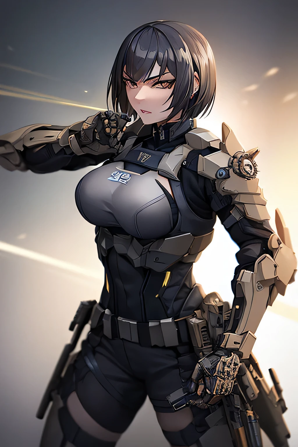 nsfw, anime screencap, 16K, perfect anatomy proportion body, action, A dynamic composition with a sense of speed and movement, (Hold an assault rifle:1.6), a wife, 40age, perfect beautiful delicate sexy face, perfect beautiful delicate eyes, brown hair, short bob hair, gigantic tits, abs, An elaborate heavy armored full armor powered suit made of chain mail, Many steel heavy armored robot soldiers having a gunfight in the background, Flying bullets, The lost and ruined ancient city, war, Post-apocalyptic,