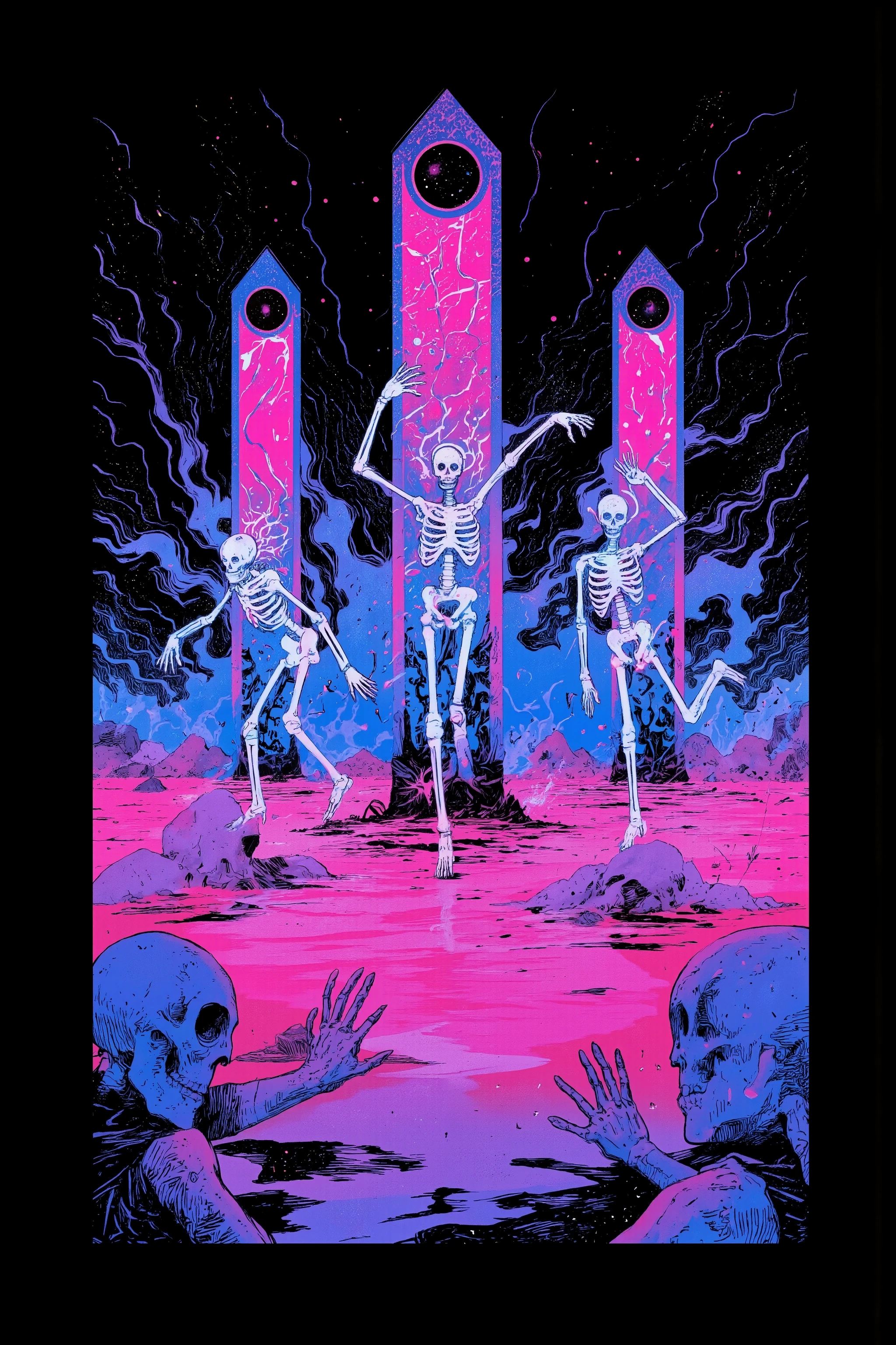 Digital Rendering , Three Skeletons in a Room , Background is pink and blue , Artwork Expressing the Process of Evolution ,3 portals , Psychedelic art, Psychedelic Skeletons , Psychedelic Illustrations , Asymmetric Illustration , surreal psychedelic design, neon white light drawn on a black background , Psychedelic Space Horror ,LSD Trip, Hallucinatory Art ,レトロ Psychedelic Illustrations ,LSD Trip,Psychedelic trip, cyber skeleton