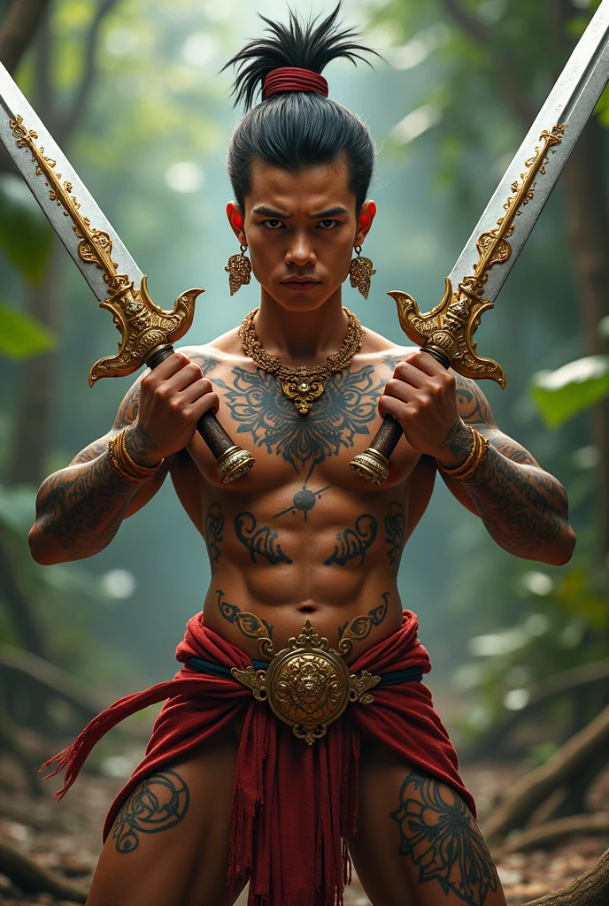 ((adolescent masculino)), ((ultra realisitic)), ((picture-perfect)), ((face perfect)), ((ultra detaild)), ((fully body)), ((adolescent)), a boy with pointy ears and a feline tail, medium black hair, sharp claws, with longer canine teeth, in indigenous clothes, on top of a large tree trunk, fully body na imagem