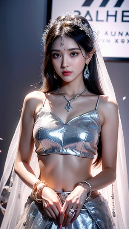 Anime-style woman, thin, thin, whole body, Full of tattoos, Lots of earrings, Beautiful and shiny hair, Rainbow Eyes, Slanted Eyes, Wavy silver hair, Kind and charming, shoulderを露出させる, Delicate and sexy collarbone, Attractive oval face, double eyelid, Pink Lips, Small Nose, Concentrated face, Ultra-high resolution, Very detailed, Graceful posture, Nice, ultra-thin,whole body,arm,shoulder,chest,Massive iridescent rhinestone body art paint on genitals, Glowing Skin, Realistic Background, sunlight,Sunburned, Sunburn,Burning idol pose,A lot of rhinestones on the body