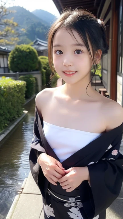 closeup shot , Best picture quality (8K, high resolution, Masterpiece: 1.2), super detailed, 215 Short Hair, 20-year-old woman,
situation: Scene of looking at the view from the stage of Kiyomizu-dera Temple。
clothing: Japanese kimono maiko、Sandals or sneakers on your feet。Hair is tied up in a half-up style。
angle: With the stage of Kiyomizu-dera Temple in the background、Photographed from behind looking at the scenery。Capture the whole landscape from a slightly higher angle。A close-up of the handrail and the handrail is also effective.。
, random cute pose ,big eyes ,Puffy eyes , Heart Pupil, blush , huge shy smile , salute