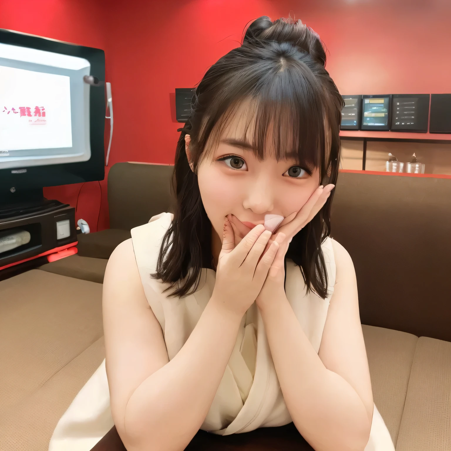 A cute girl, hair styled in two side buns, wearing a vivid red traditional Chinese dress with modest design details. She is sitting in a Japanese karaoke box, surrounded by a typical sofa, table, drink cup, and a moist hand towel. The background shows cozy lighting and interior decor common to karaoke rooms. She leans slightly forward, holding both hands near her mouth in a daydreamy, playful gesture, as if imagining holding something big and delightful. Her lips are softly parted, and she has a mischievous, cheeky expression. No food is visible. The overall mood is fun, slightly teasing, but tasteful and light-hearted. long hair, dark hair, dark eyes. 