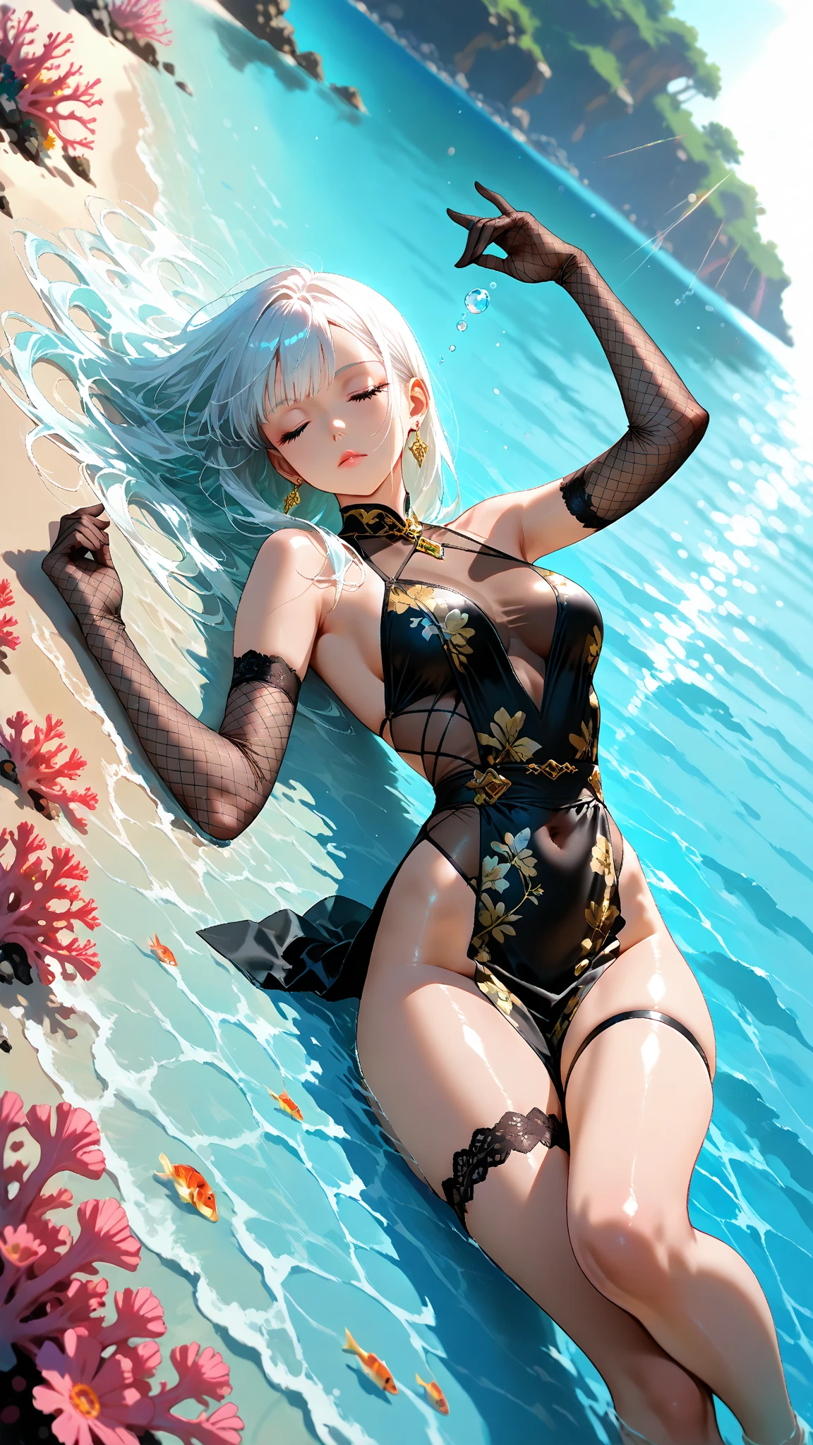 (scifi, horor)"(best quality,4K,highres),
A lovely woman (25, athletic, busty, golden ratio figure, random race, brightly colored hair, dressed appropriate to the scene),awakened rudely [on the beach] (panic and struggle),
A UFO hovers nearby, an neon gelatinous Eldritch tentacle (very large, octopus like, many large tentacles) alien has the woman,
enthusiastically exploring and drawing the woman towards the UFO [otherworldly lights] (damsel abduction),
night time beach,
(ocean) waves crashing loudly, gentle breeze,
reflections on wet sand,
(strong contrast) between darkness and UFO lights,
(long exposure) streaks of light in the night sky,
(moody) atmosphere,
(vibrant colors) with a touch of (cool tones),
(dramatic) shadows and highlights,
(wild, untamed) nature surrounding the beach,
(surreal) and (dreamlike) landscape."Backlight.Glamorous Body,(((Airborne particles、Glowing particles))),Plump thighs、Stylish clothes、Stylish accessories、See-through、Dynamic Angle、(((Princess cut,Inner Color,))),(((Water balls,Soap bubble,Refraction of Light)))、Dynamic Pose,Nipple erection,Low - Angle,