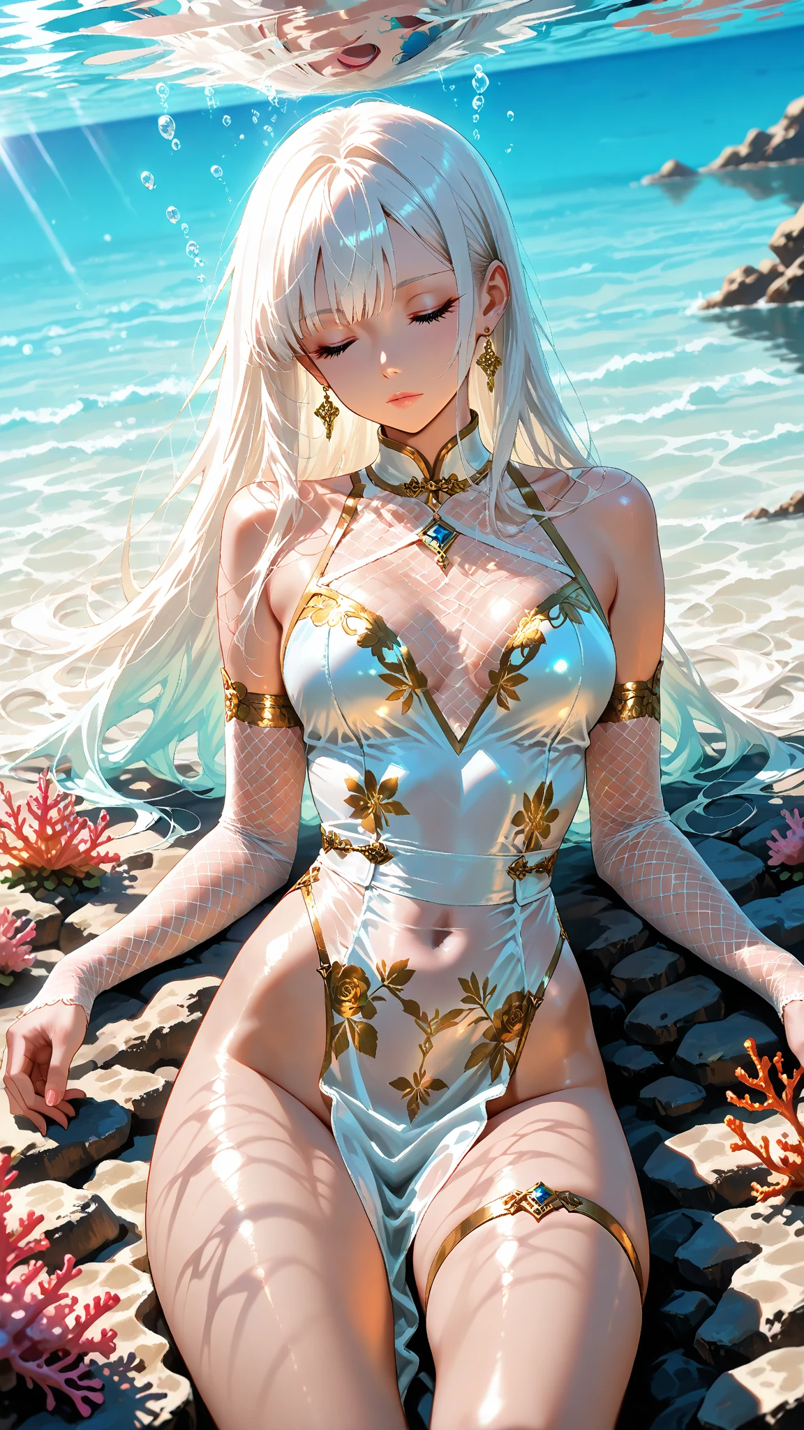 (Super detailed、Ultra-high resolution、8K masterpiece、Vibrant colors)、((Flat Color))、((Floating water))、summer、Poolside、 A woman in a sexy swimsuit、(Angle from below）、(Golden chains on body、Golden handcuffs)、Random Sexy Poses、Sweaty、 ((body paint、Pop tattoo on thigh))、Big Breasts、Spread your legs、 (Tight swimsuit、choker）、cameltoe、Beautiful hip line、Butt、nude、 (Twin tails、Vermilion, blue, silver, golden hair、hair ornaments)、Beautiful blue eyes、Beautiful red lip、（fun）、 TWICE&#39;s Tzuyu&#39; on pause