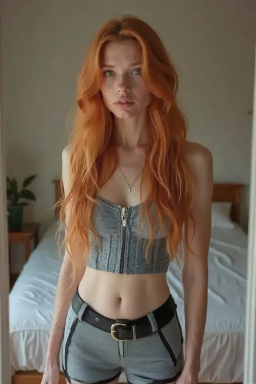 Rear view of 1 Russian Woman, legitimate albino, extremely thin and beautiful, perfect body, round ass, thin waist, wide hips, (well-shaped and delicate face with (freckles)), skin with highly detailed depth, is leaning against a brick wall, (hair over eyes, long, slightly messy and shiny, wavy blonde hair), (detailed, big bright eyes, light green eyes, curled eyelashes, big glasses), (sensual pout with mouth), wearing a short sweater showing the shoulders, (she is sweaty (shining with sweat)), ultra-realistic image, perfect symmetry, vibrant and sharp, dynamic vision, high quality, hyper-realistic and cinematic 32k.