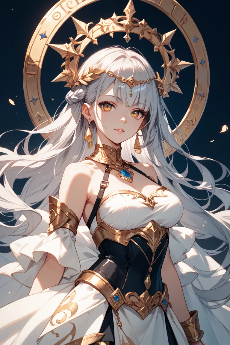 1 girl, anime, high quality, intricate details, futuristic, Greek aesthetic, streetwear, robes, tall, muscular, ancient aesthetic, silver jewelry, flirty, straight bangs, goddess aesthetic, soft smirk, long hair, side ponytail, headdress, confident, red eyes