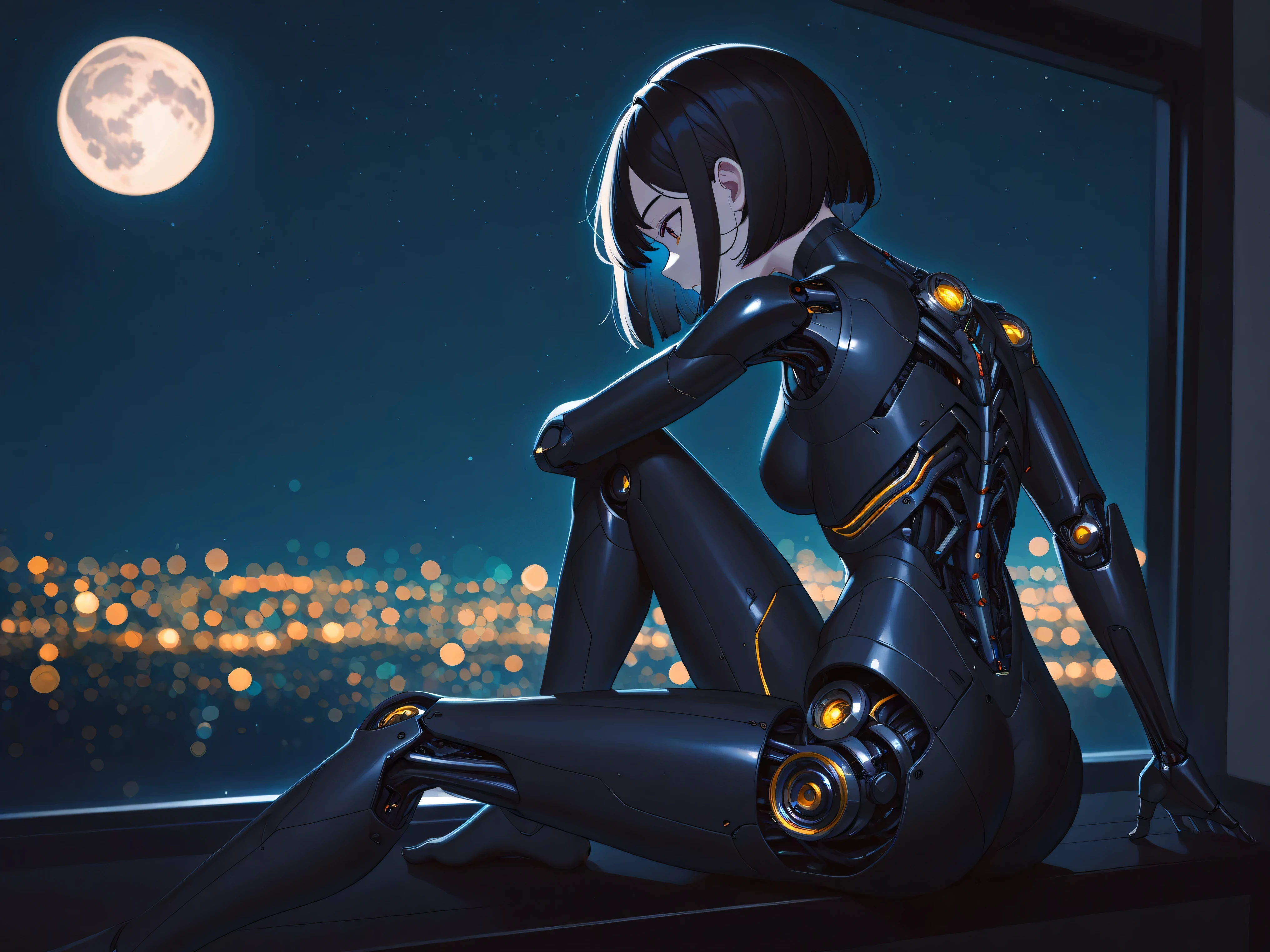 womanhood,dark haired,Shorthair,cyborg,Night Sky,Gazing at the full moon,High Quality,4K real,high res,Ultra Fine,HDR,UHD,studio lighting,Ultra Fine Painting, Sharp focus from the back of the knee up,physics-based rendering,extreme detailed expression,Professional,Vivid Colors,Bokeh
