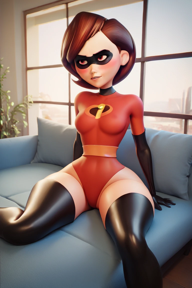 The Incredibles Elastigirl, bimbo, perfect body, revealing latex, perfect body and face, showing ass, bedroom, perfect round breasts, fake round breasts, huge platform boots, latex, slutty