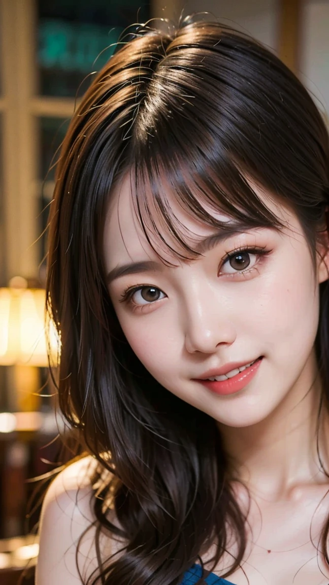 Tabletop, highest quality, shape, Very detailed, finely, High resolution, 8k wallpaper, 完璧なダイナミックな構shape, Beautiful and detailed,ランダムなcute髪,,Natural color lip, Bold sexy pose,smile、20-year-old girl、cute、Looking at the camera,Always blur the background,Perfect and beautiful face,Slim face and figure,Big eyes、Putting on gal makeup,Small face,Shooting from below、smile,Blurred Background,Elegant feminine face、Cyberpunk Fashion、smile