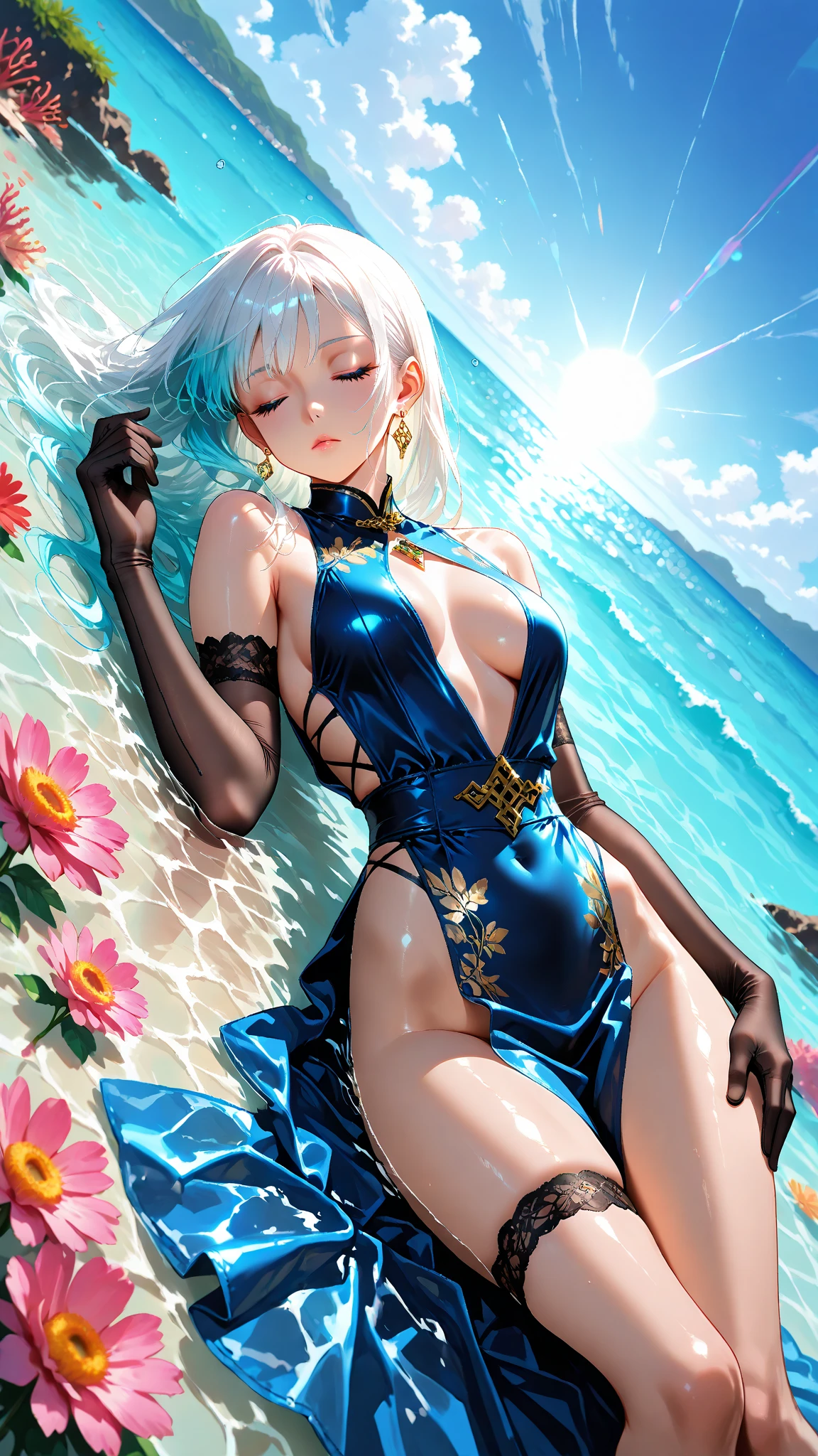 4K、highest quality、Summer vacation、Holding a glass of cocktail drink in hand、Sleeping in a reclining seat、She has a large, bright flower in her hair.、She is wearing a provocative one-piece swimsuit.、Wearing a pareo、One female adventurer、Smiling with anticipation、Slim figure、Jade green eyes、((Grey longhair))、Relax on the beach of a tropical island、