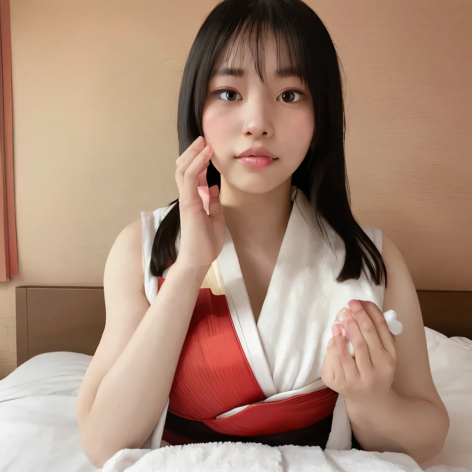 portrait of a beautiful girl with translucent skin and softly expressive eyes, gentle blush, subtly glowing gradient hair, delicate emotional line art with soft shadows, evoking a melancholic and enchanting mood. She is wearing a traditional red and white Japanese shrine maiden outfit (miko attire), sitting on the edge of a simple bed in a modest Japanese business hotel room. On the table nearby is a moist hand towel. She leans slightly forward, holding both hands playfully in front of her mouth, as if imagining holding something big and delightful. Her lips are softly parted, and she has a cheeky and flirtatious expression. No food or objects are being held. long hair, dark hair, dark eyes. 