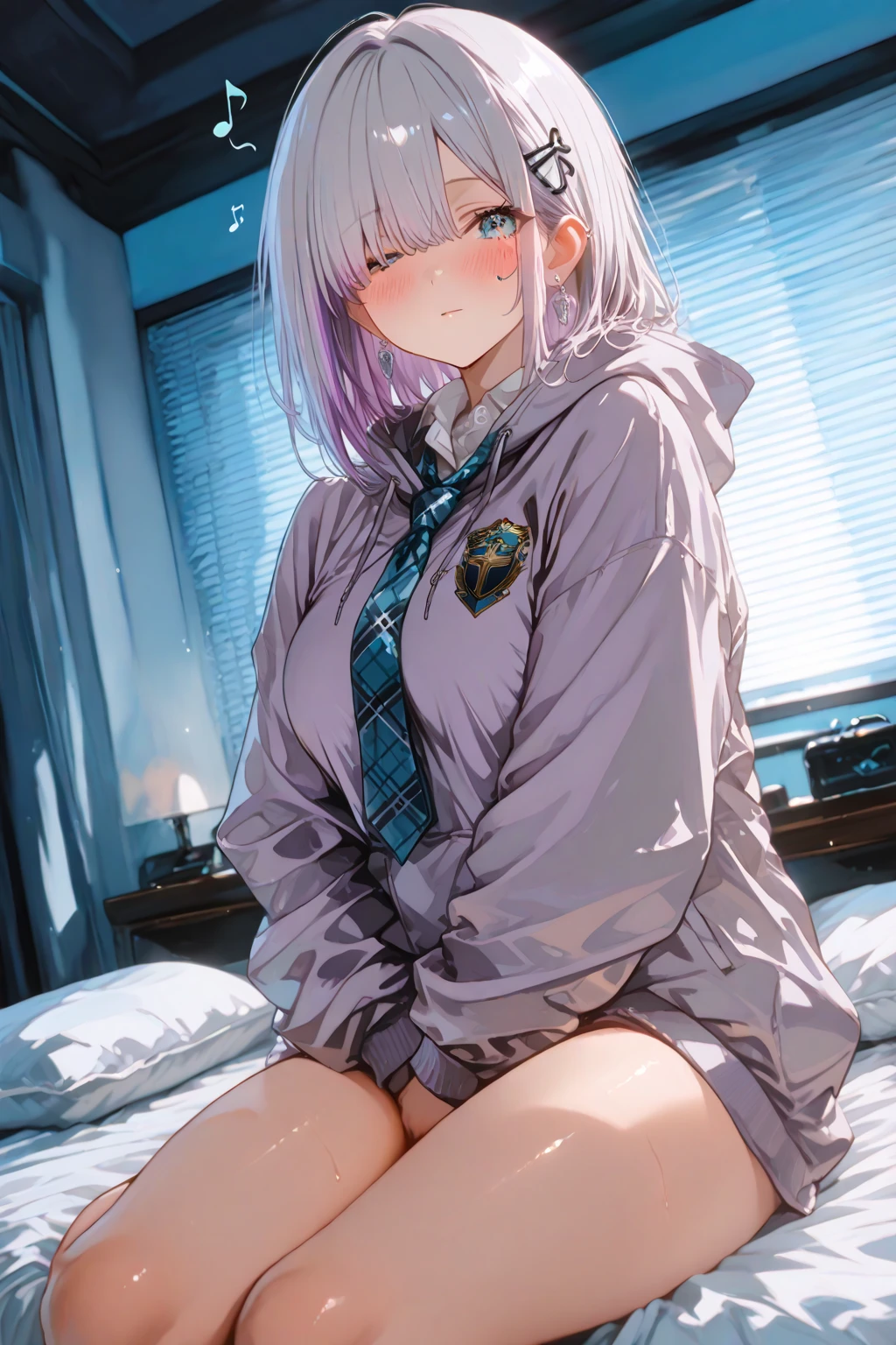 NSFW,(((perfect ???????,realistic:1.4,RAW Photography:1.4,masterpiece、highest quality、Ultra - High resolution、High resolution、Highly detailed CG、8K))),cowboy shot,1 female,solo,18 year old beauty,Japanese,((beautiful detailed face and eyes:1.3,big gorgeous eyes:1.3,gray eyes)),white hair, inner color hair, short bob hair,blunt bangs,blush,(medium breasts,slender body,small head:1.3,skinny),(gleaming skin,shiny skin,sweat:1.4),(Wet crotch),(oversized_black_sweatshirt_hoodie,Long sleeve、Bare legs),((spread legs)),、bottom less, show off pussy, no bra, lift up shirt ,(love juice)