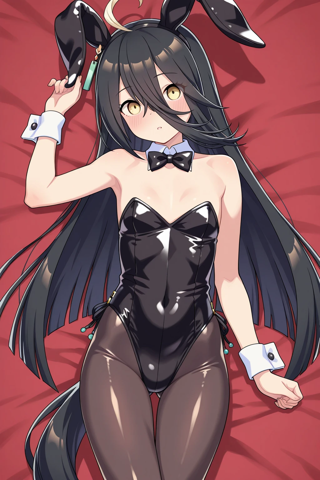 best quality, amazing quality, very aesthetic, absurdres, 1girl, rio (blue archive), blue archive, red eyes, (artist official art:1.5), (realistic face), (reverse bunnysuit, reverse outfit, shiny rabbit ears headband, detached collar, bowtie, pink pasties, topless, tight sleeves, (black) puffy long sleeves: 1.2), casino, lying on her side, raise leg, spread legs), (cowboy shot), (game cg:1.3), from above, expressive eyes, perfect face, 4k, extremely detailed anime illustration, extremely detailed eyes, enhanced details, perfect anatomy, light rays, photo background, extremely delicate body, smooth skin, feminine expression, black background, cristal clear eyes, beautiful face,
