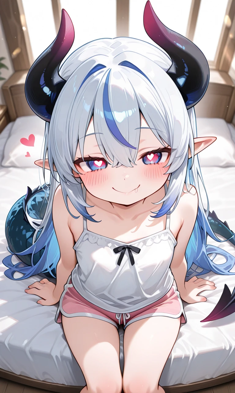 no background, white room, short female girl, full body, light-blue white hair, very small ears, blue-yellow eyes, constricted Eyes like a person sleepy, no background, The light green left heart-shaped eye and has light, white back ground