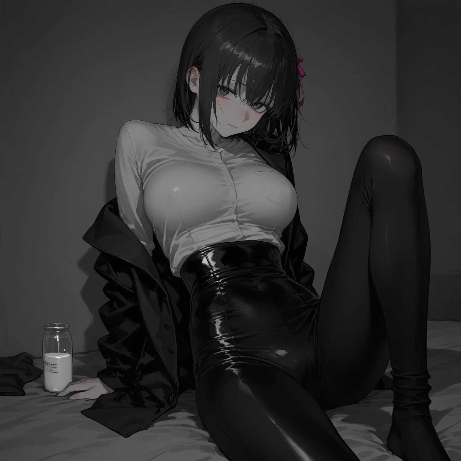 (view from back) woman Lying on stomach with hands propping up head, (shirt, tie, pants:0.5) (detailed realistic face), (((hyperdetailed))), zoomed out, symmetrical face, detailed pupil, expressive eyes, makeup, real photography, modern look, Real photography (Realisitc:1.5), han Sooyoung 