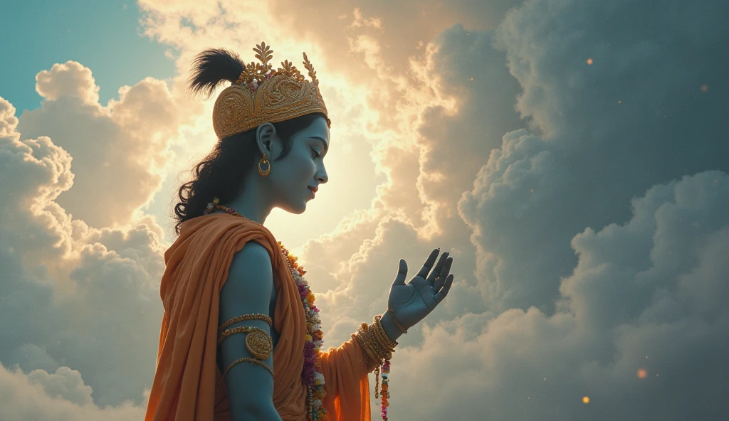 (photorealism:1.2), hindu god krishna having crown on head and giving lecture to meditating crowd , golden light at back ,mystic background, calmness on face , large landscape .