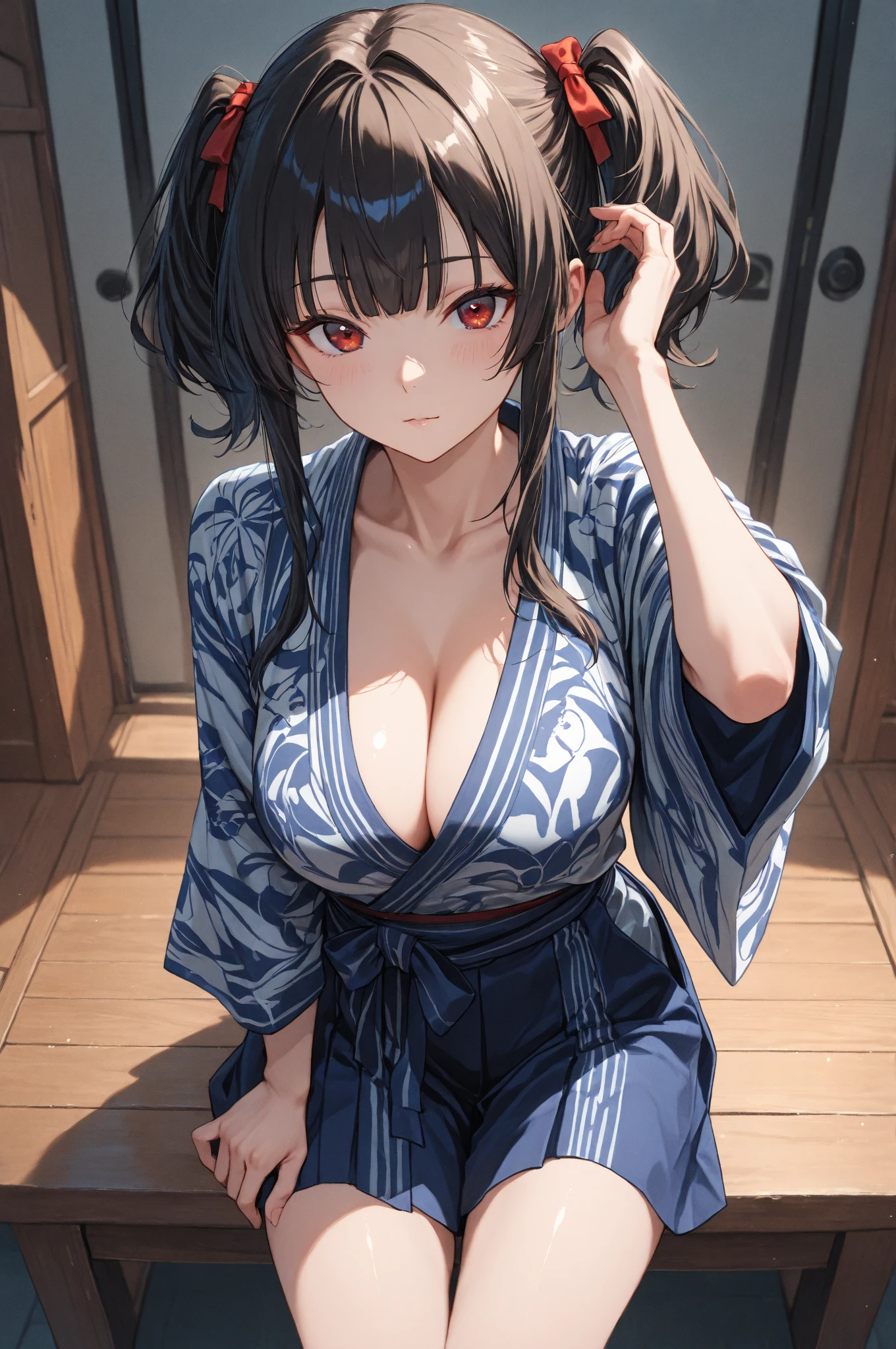 (1girl:1.3), Masterpiece, Best quality, amazing beauty, [[3D]], 4K, absurdres, finely detail, super detailed eye, perfect anatomy, official art, cinematic lighting, BREAK, (Japanese-style room, tatami, futon
,mattress, pillow:1.3), silky long hair, silky side ponytail, red hair, super shiny detailed black eye, big eyes, sparkle(in the eyes), thick eyebrow, close-mouth, plump lips, Mascara, False eyelashes, red lips, hairpin, Looks like fun, BREAK , huge breasts, tall, medium, wheat skin, , BREAK , traditional Japanese setting, young woman in a colorful kimono, seiza, She put her hands on her knees, gazing at the scenic view, serene atmosphere, natural lighting, high detail, BREAK,(kimono:1.3)