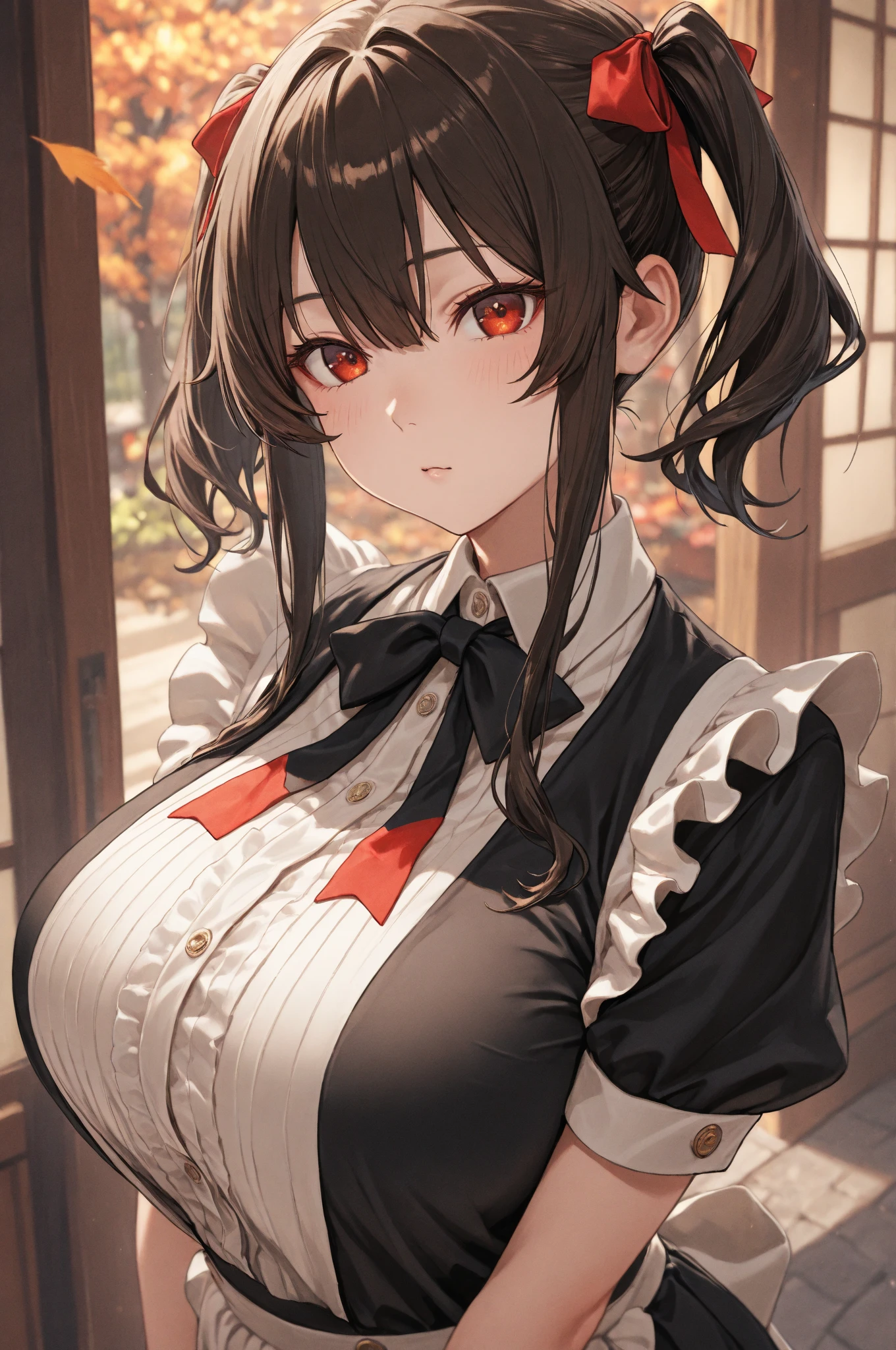 masterpiece, best quality, 1girl, solo, <lora:yunyun_v1:0.6>, yunyun, red eyes, braid, long hair, large breasts, black hair, brown hair, twintails