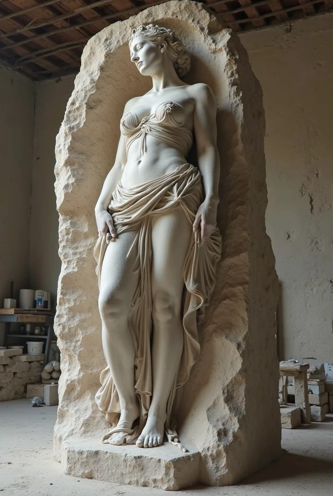 beautiful marble statue in Greece of 1woman, almost nude, beautiful body, posing