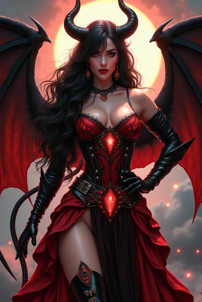 (8k,Photorealista　RAW Photos　Superior Quality;1.4) Beautiful woman (A vivid face) (Red eyes)　(Thick and warm red lips), large chest and large tail,, (Bewitching thighs of the whole body), Very sexy disguise hood standing in water, Vampire Warrior, Dark fantasy art, female vampire, Vampires of the Rasembra clan, Dark Fantasy Character Design, in style of Dark Fantasy Art, Female Occultist, Dark Fantasy Art, gothic fantasy art, In the style of Anne Stokes, Beautiful Vampire Queen, Dark fantasy concept art、big ，Sparkling eyes，Purple eyes、(Highest quality,4K,8k,High resolution,masterpiece:1.2),Very detailed,(Realistic,photoRealistic,photo-Realistic:1.37),Mythical monster,Beast-like creature,Muscular,Six big legs,Stand like a gorilla,Red fur covering the body,two big horns,Drill teeth,Sharp Claws,Huge shape,Burning Fire Magic,Energy aura,A threatening presence,Glowing Eyes,Intimidating posture,Dark Environment,Smoke-filled air,Ominous Shadow,Majestic and fierce,Explosive power,Vibrant colors,bold,Horror art style,Moving configuration,Dramatic lighting,Rib Layer,large sharp teeth,Sharp Edges,Very detailedスケール,Burning Crack,Burning Flames,Furious look,Burning with anger,Surrounded by sparks and embers