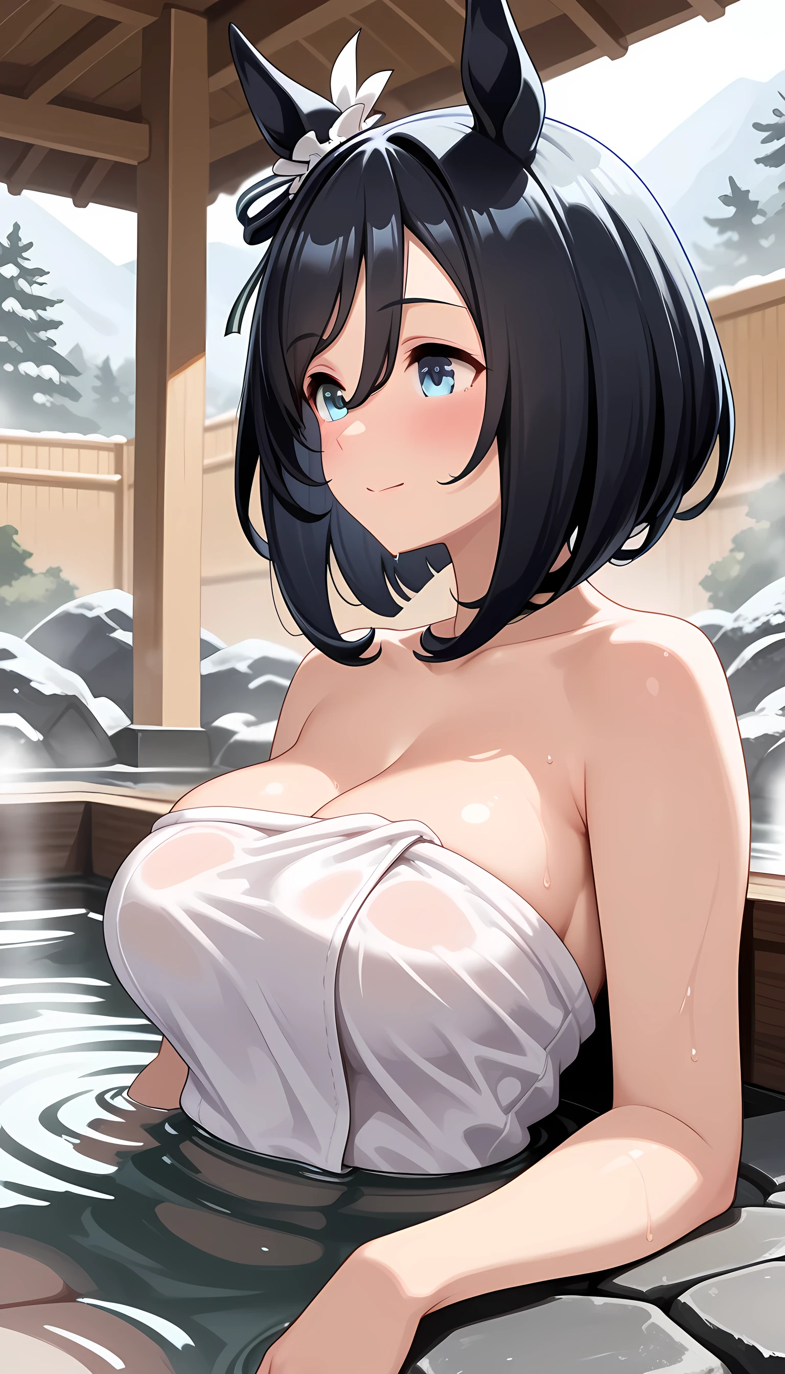 (nude, naked, 1girl, solo, ,large breasts , solo) TAKANASHI_RIKKA , AHOGE, short hair,. one side up, BOW, , black hair, heterochromia, yellow eyes, blue eyes, , nsfw,. 17 years old 、 , big breasts、 flooding 、Abandoned amusement park、 heavy snowfall、  file, crying ,flooding、 abandoned hospital、 heavy snowfall、 frozen、 、whole body