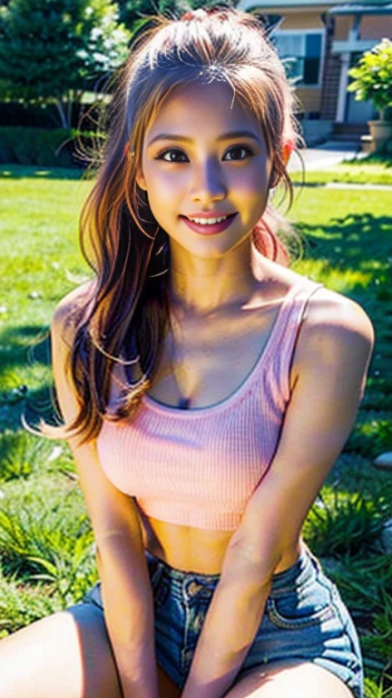 Beautiful Cambodian girl with beautiful breasts wearing bright colored sweatshirt and jeans and smiling sexy