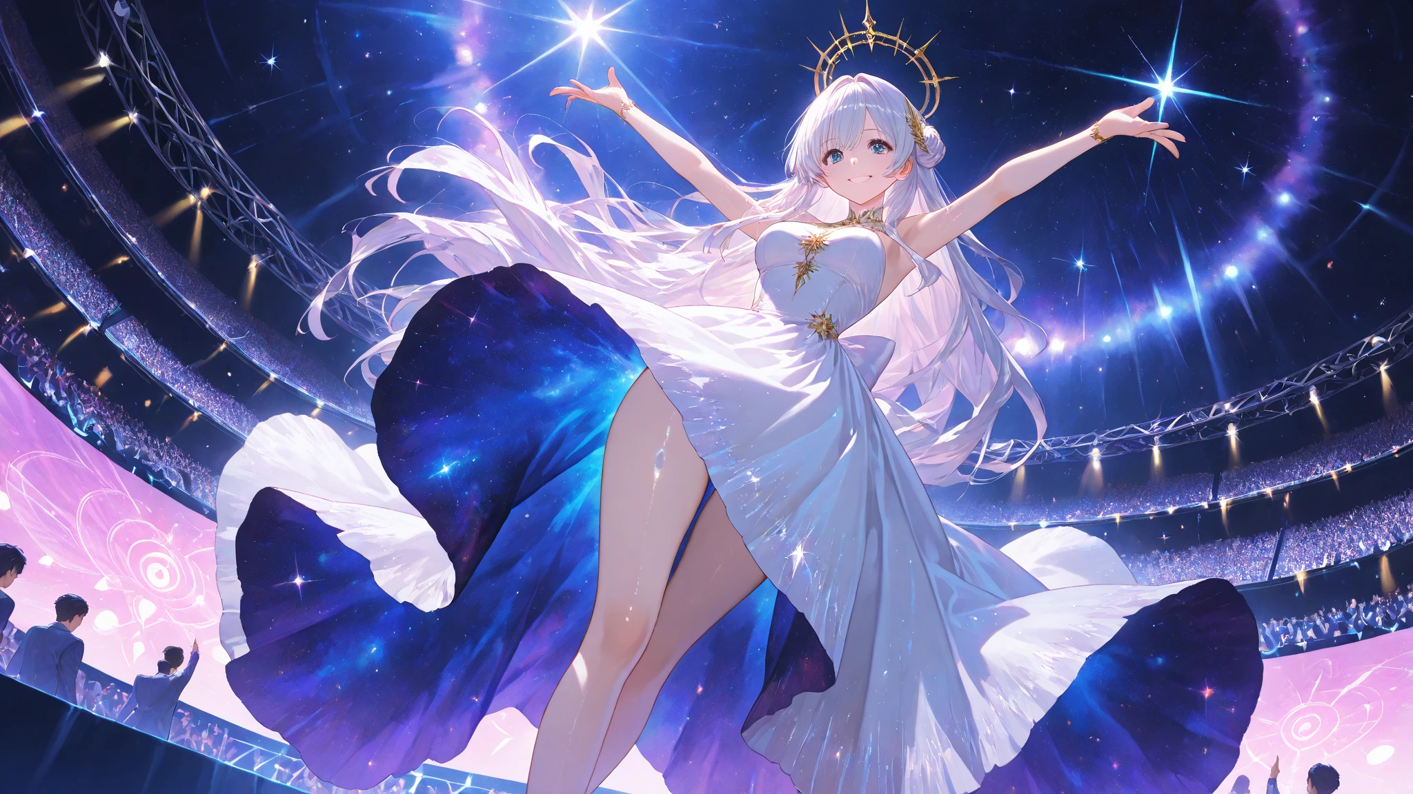 a woman wearing a white dress with blue details, Japanese idol dress, short skirt, gold details on the dress, long white hair, golden rose in her hair, on an idol music stage, blue and white lights, lighting, faint blue eyes,HDR, ultra resolution, well defined, masterpiece, 8K HD (woman solo )