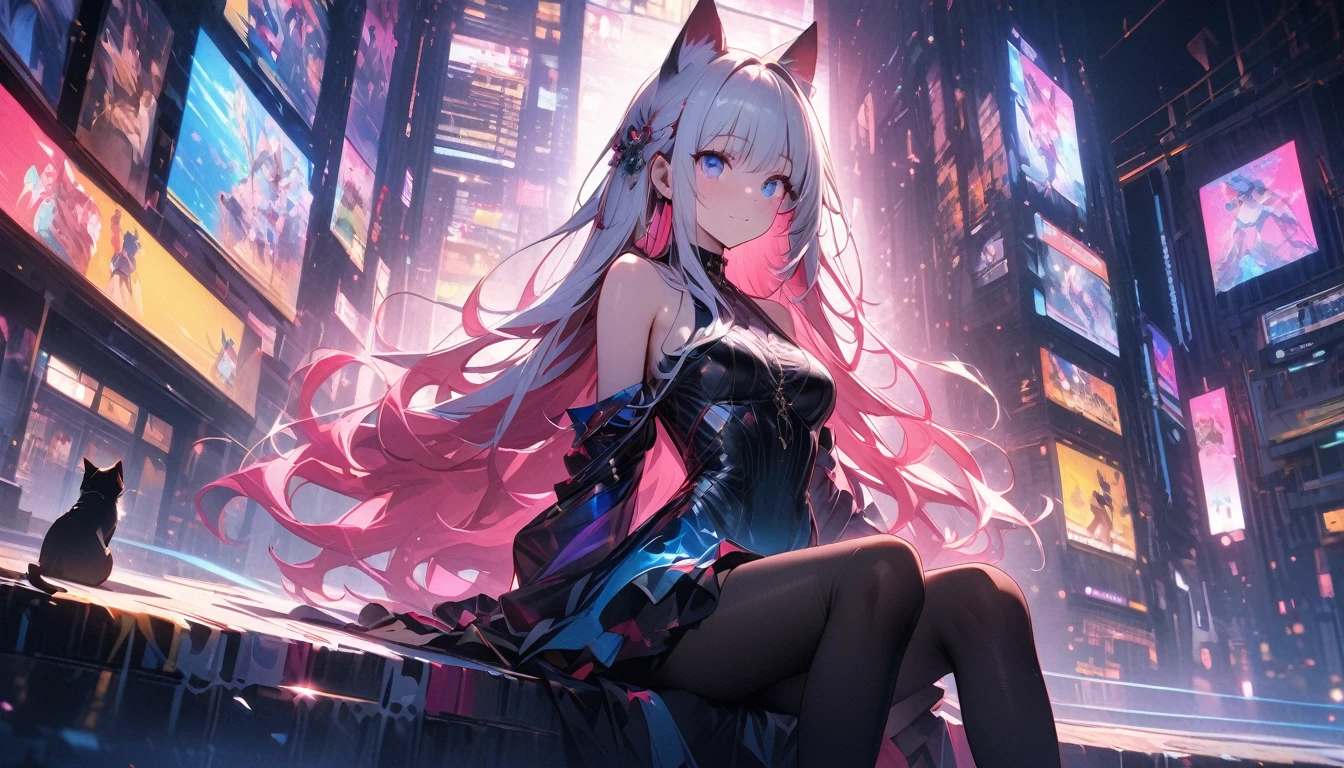 (Best Picture Quality), Neon night view, A wolf girl, Sit on the top of a building overlooking the city, (blue color eyes+Silver hair:1.3+Red hair:1.2+Purple hair+Yellow hair:1.3+Green hair:1.3), Wears a black leather jacket and a short skirt,Medusa's seductive eyes，Leap over a thousand floors，Light up another neon light，Only you are left in my city。 --auto