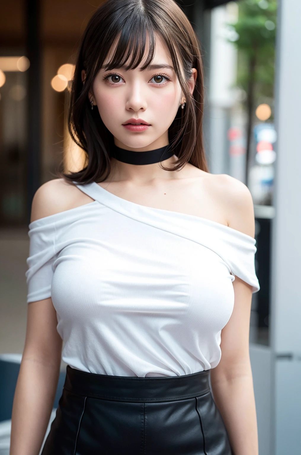 best quality, ultra high res, (photorealistic:1.4), 1girl, off-shoulder white shirt, black tight skirt, black choker, (faded ash gray hair:1), looking at viewer, Cleavage、tits