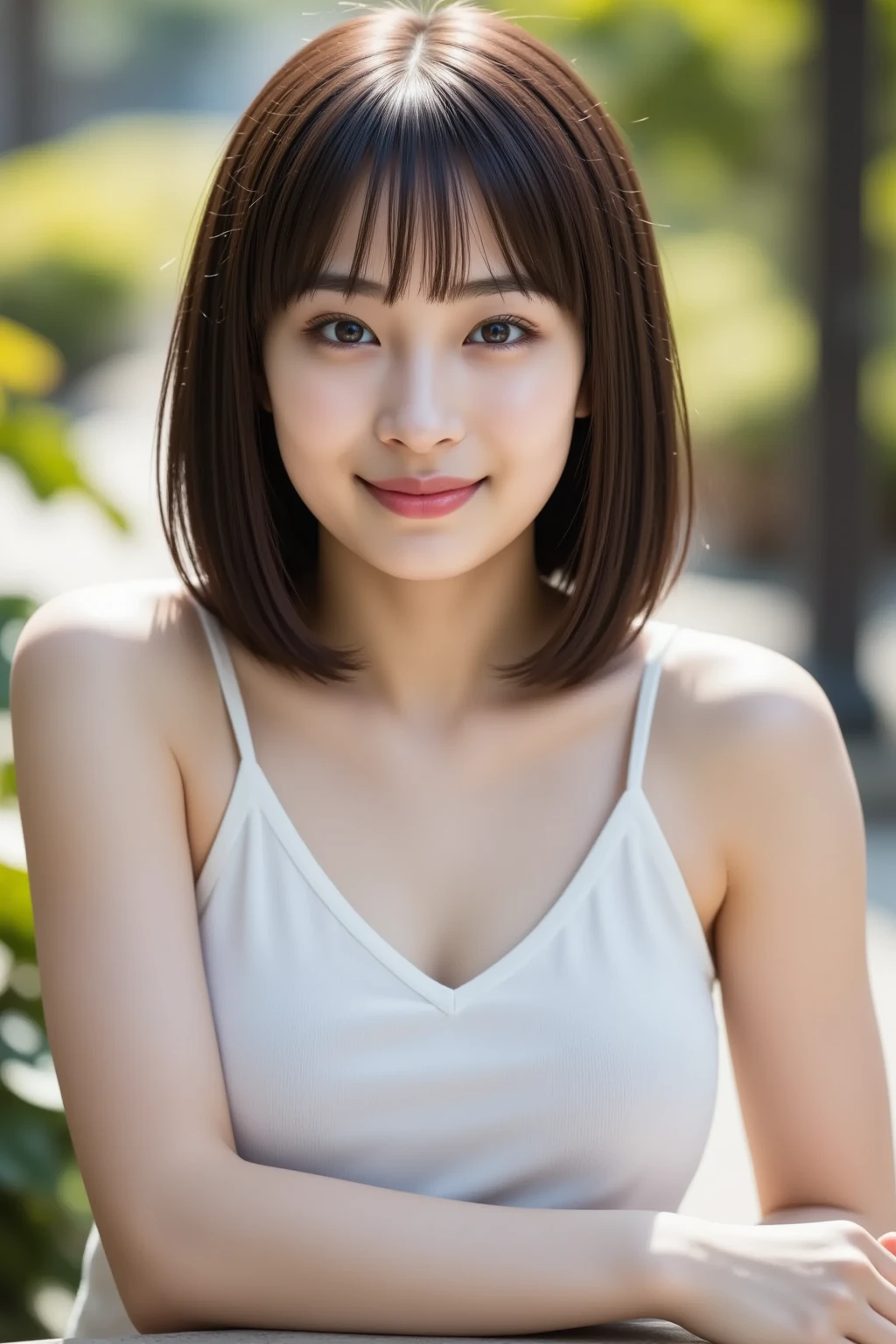 Japanese ),((beautiful girl)),cleavage,An expression that imagines something pleasant:1.2,(perfect body beauty:1.2),((perfect body)),(shy smile),beautiful teeth,