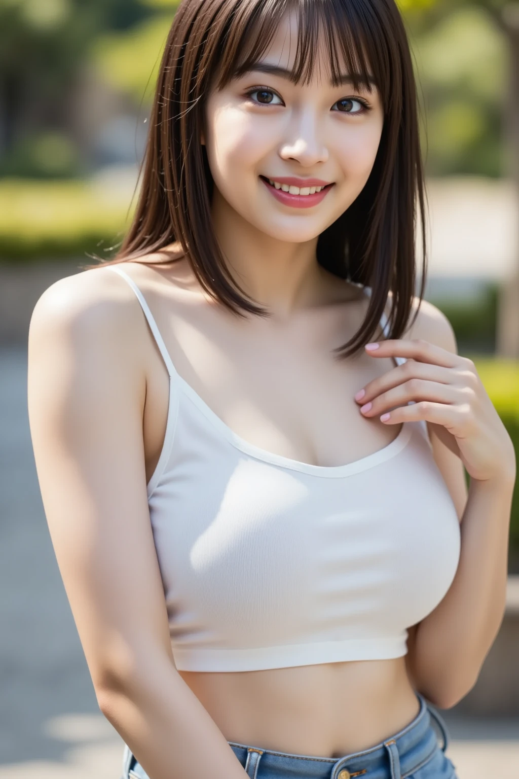 (highest quality, 8K, 32k, masterpiece, UHD: 1.2), cute japanese women pictures, black short hair, beautiful face, (lean forward: 1.3), squat, (From above: 1.2), (close: 1.4), throw, Big T-shirt that exposes the chest, big breasts, (Beautiful breasts: 0.9), outdoor, Wind, Glossy skin, blurred background,