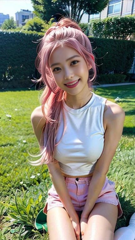 white tight shirt、white tight mini skirt、bed、smile、short sleeve、high resolution、Korean idol face, pink hair.