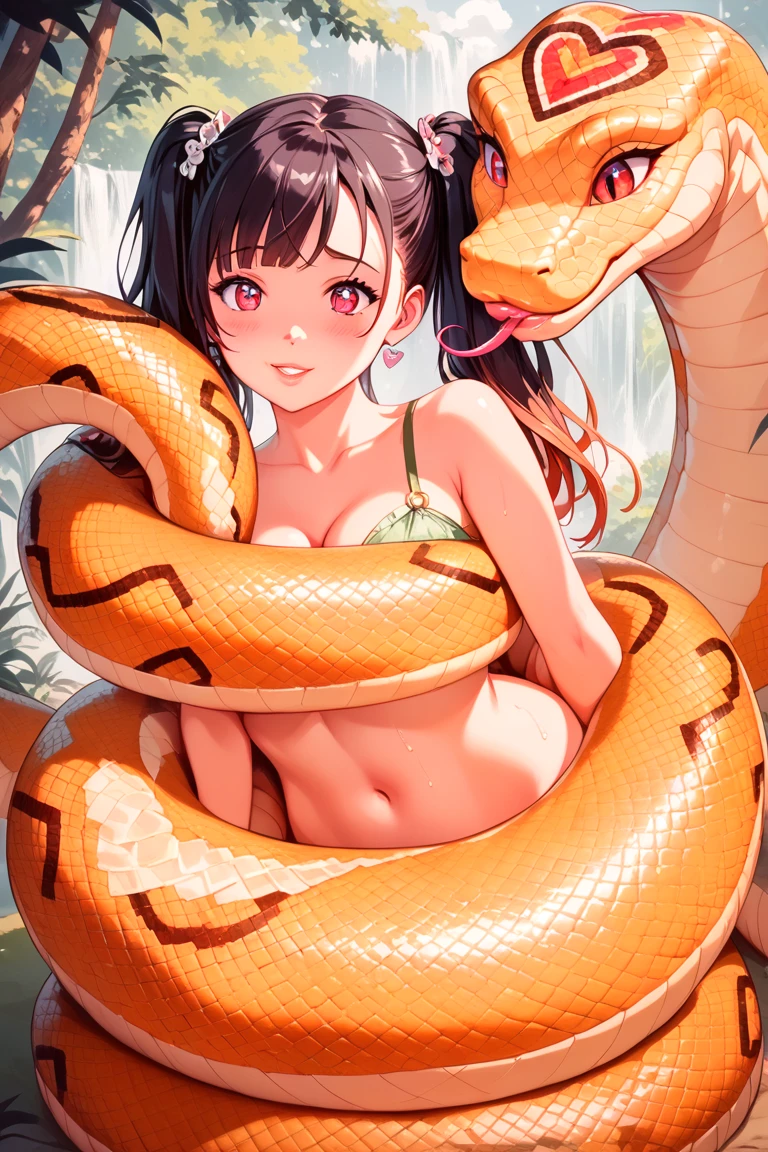 Happy Horny, aroused 1girl), beautiful bikini wearing Indian young teen girl with giant colossal Kaa monster squeezing her hard, wrapped in thick spiraling coils, constricted, struggle, gasping for air, snake attack, snake peril,