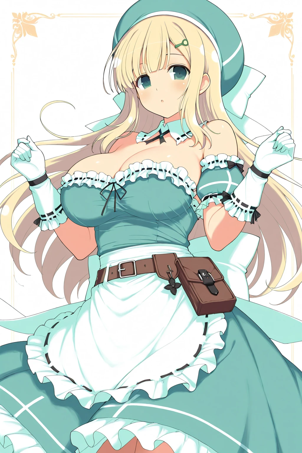 masterpiece, best quality, yomi (senran kagura), 1girl, solo, cleavage, blonde hair, (green hat:1.1), green eyes, white thighhighs, simple background, blush, dress, smile <lora:Senran_kagura_style:0.3> <lora:yomi_senran kagura-000012:0.8>