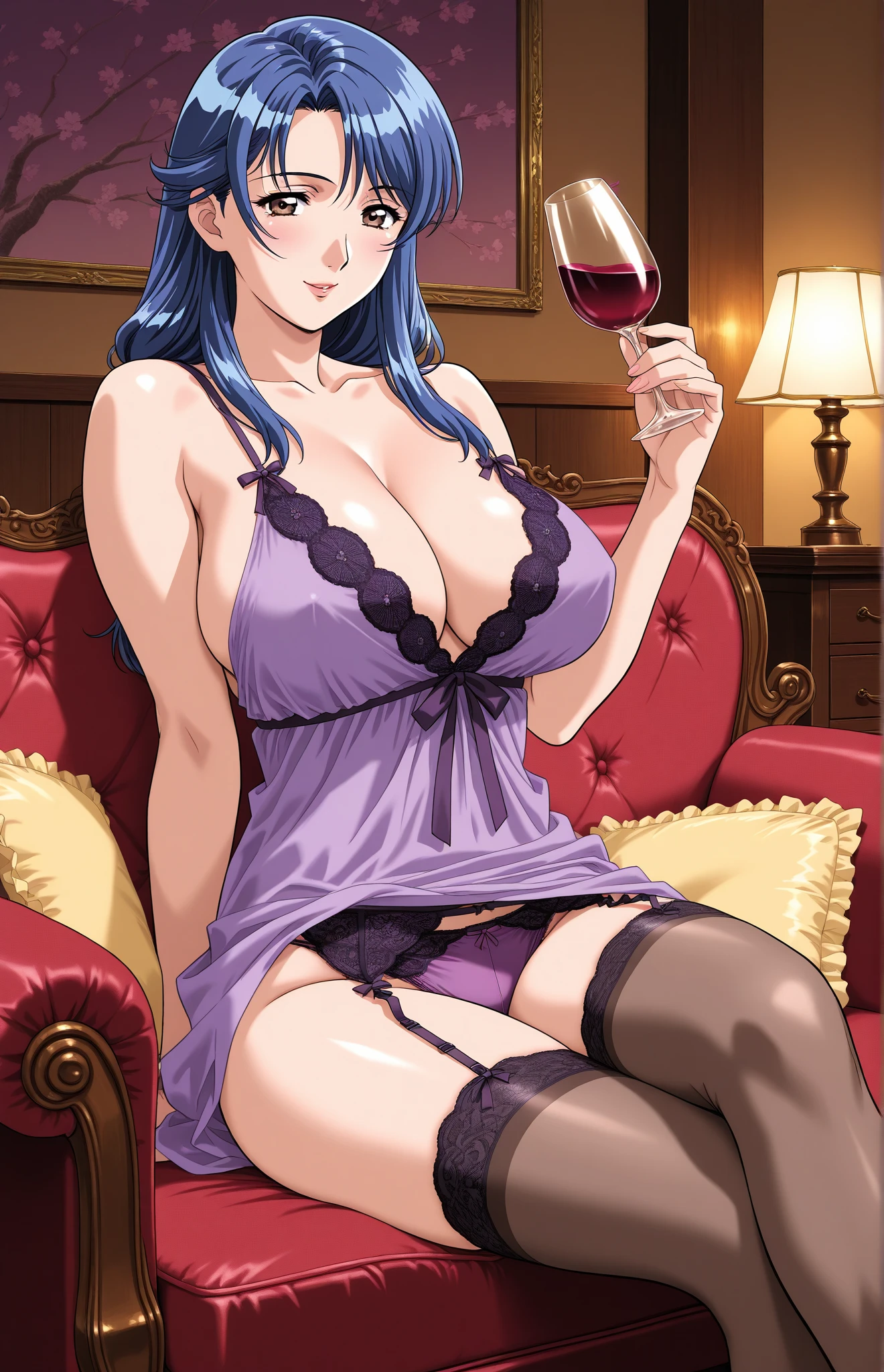 <lora:HNTSADL_Medios_by_minion-24:0.62> medios, large breasts, lipstick, hair over one eye, ponytail, dress, covered nipples, reclining, barefoot, looking at viewer, hotel room, red curtains, by artgerm, cinematic 4k wallpaper,ultra detailed, high resolution, artstation, award winning