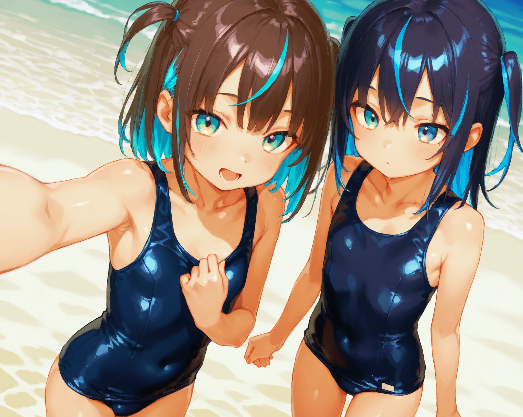 (masterpiece, best quality, 8k wallpaper:1.2 ), ultra detailed, absurdres, highres, long blue-green twintail hair, (hatsune miku:1.3), (bend over forwards deeply from side view, ((1girl)), (flat chest), (standing, in beach side:1.1), (((glossy slippy smooth texture {blue|black} one-piece japanese school swimsuit:1.3))), flat chest, ((merciful motherfood facial expression)), (Proudly showing flat chest:1.3), (looking at viewer), upper body, close up flat chest, too sweaty body, silky skin, beautiful eyes, long hair flowing with the wind, beautiful smile line, flat chest, big blue eyes, shiny hair, beautiful detailed eyes, beautiful detailed skin, beautiful detailed clothes, Bend sideways, hand on hip, head tilt:1.2, troubled eyebrows, framed double breasts, under bust