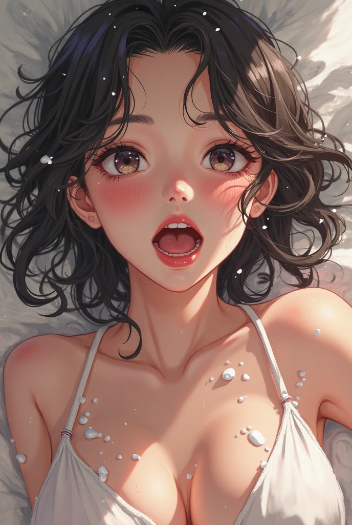 undressed, white skin, wet skin, micro bikini, naked, upward-eyed, mouth open, milk from mouth, black hair
