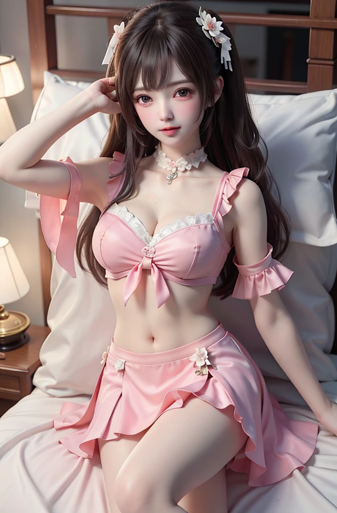 Children's women、beautiful small breasts, (erect nipples:1),exact number of fingers、Exact number of legs、Exact number of arms、bangs, ribbon twin tails, brown hair, (blush:1),Sheer maid clothes、lying on the white bed,arms crossed above、Thighhighs、
