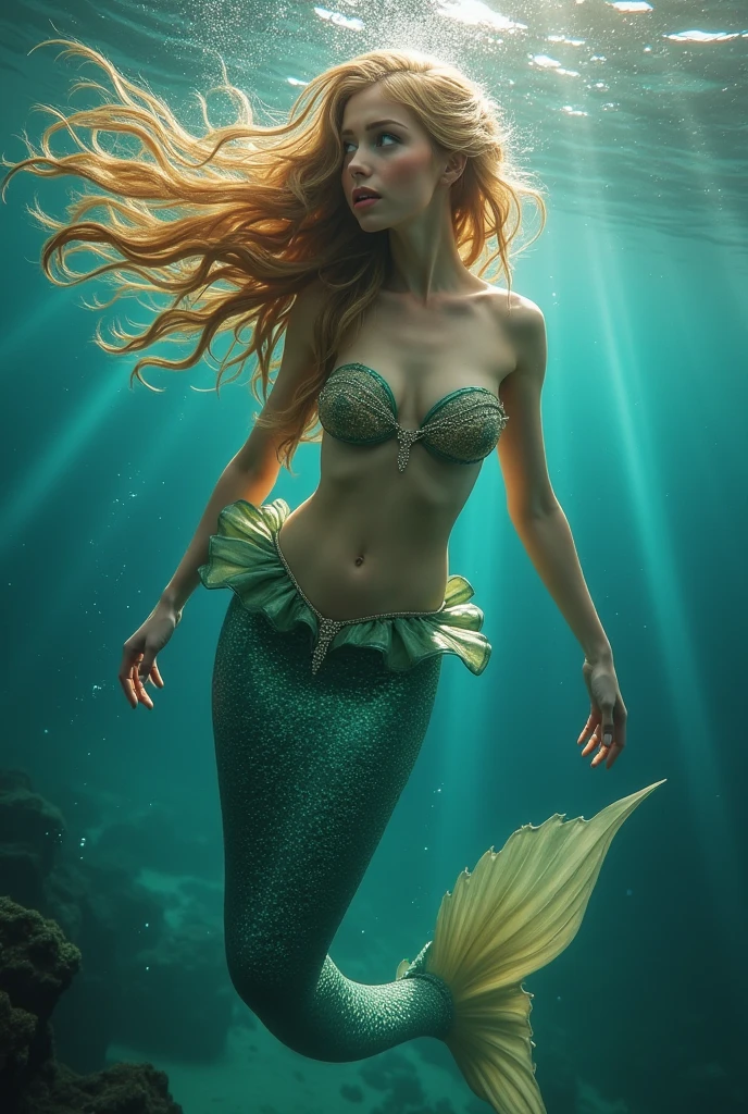 ((Mermaid, topless, Majestic figure, Underwater masterpiece, Clear water, Sharp focus, 300mm lens, f/2.8, Stunning, Detailed scales: 1.4)), Side-lit by sunlight filtering through the water, ((Exposed upper body, ocean blue nipples)), Green and blue colored fish swimming around, ((Seashell bra accessory, detailed texture:1.2)), Coral reef background, Long wavy mermaid hair flowing behind, Highly detailed facial features: 1.2, Bright and captivating eyes: 1.2, Glowing and radiant skin: 1.2, Realistic and intr