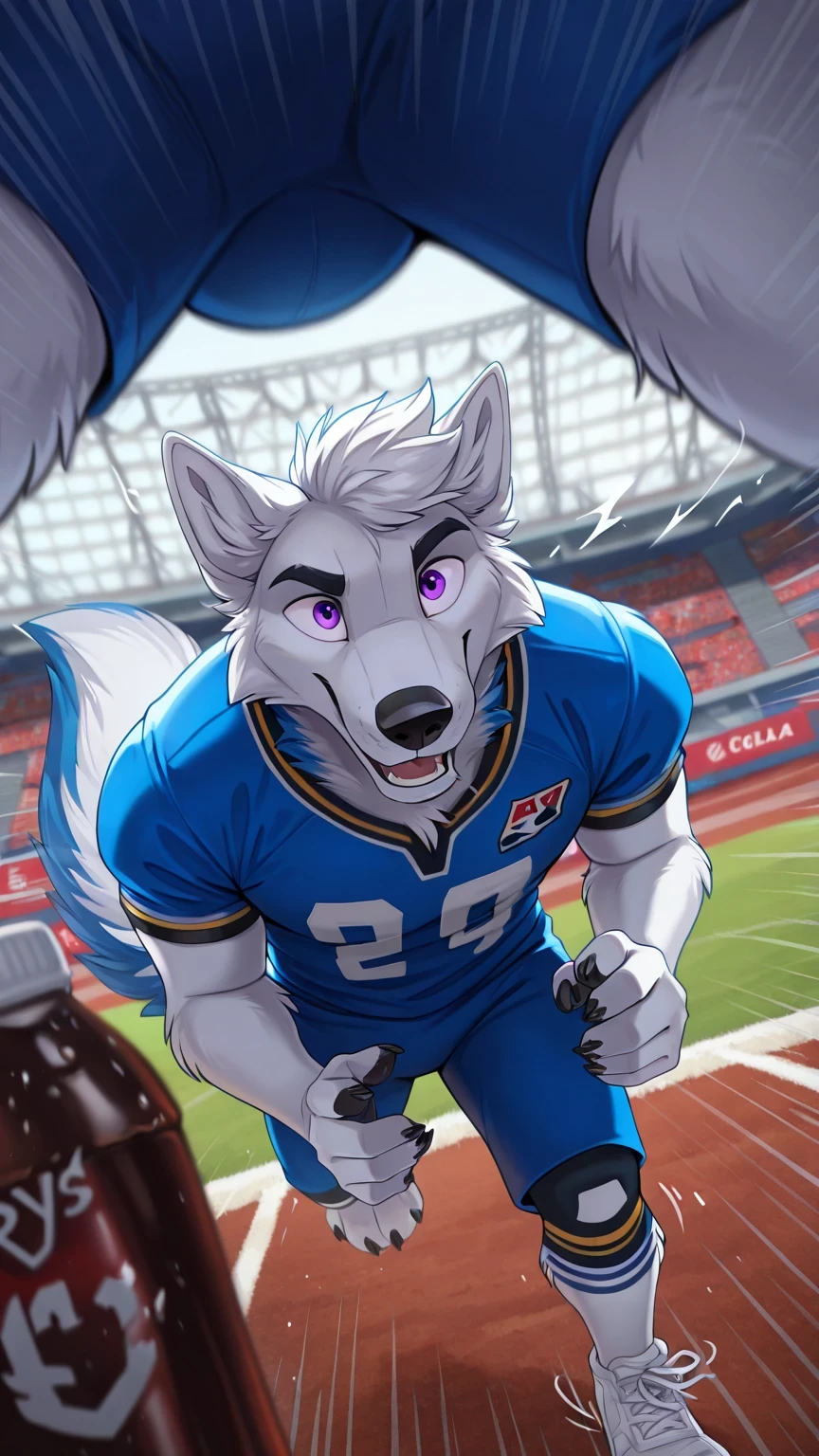 depth of field, american football stadium background, eye Reflections, Reflections,   dutch angle, anthropoid, adult, byry, without humans, cola, sound effect, Close-up,   sound effect, lines of motion,   swimsuit by ango76  ,    Masterpiece, better quality, incredible quality, very aesthetic, absurdres, newest,  anthropoid, mammal, a boy, Clothes, Alone, byry, byry Macho, macho focuS, purple eyes,male white wolf furry,, by, action posture, claws,  animal ears, high resolution, blue color american football jersey,  lycra american football tights white, white sneakers, wolf tail, in front