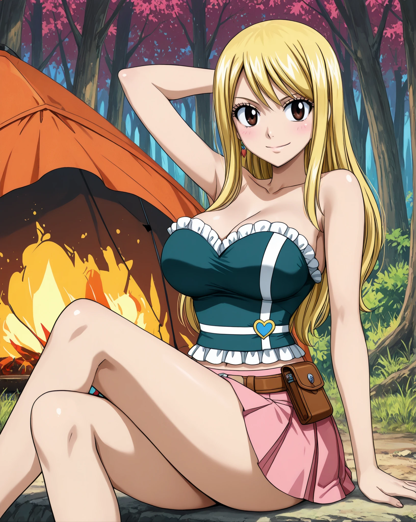(happy, happy expression, seductive expression,
sitting, pin up pose, seductive pose, arm behind head, arched leg,)
Lucy Heartfilia \Fairy Tail\, Fairy tail anime style,
lcyhrtf, brown eyes, blonde hair, sidelocks, long hair, earrings, green crop top, midriff, frilled shirt, strapless shirt, brown belt, belt pouch, pink skirt, pleated skirt, miniskirt,
forest, camping,
1girl, solo,
colorful, perfect face, large eyes, big eyes, flatshading, highres, pin up, absurdres, masterpiece, best quality, amazing quality, mature anime female, large hips, round breasts, (medium breasts, slim body, narrow waist, thin body, source_anime, anime waifu, mature female, milf, motherly, aged up, adult, anime screenshot,)