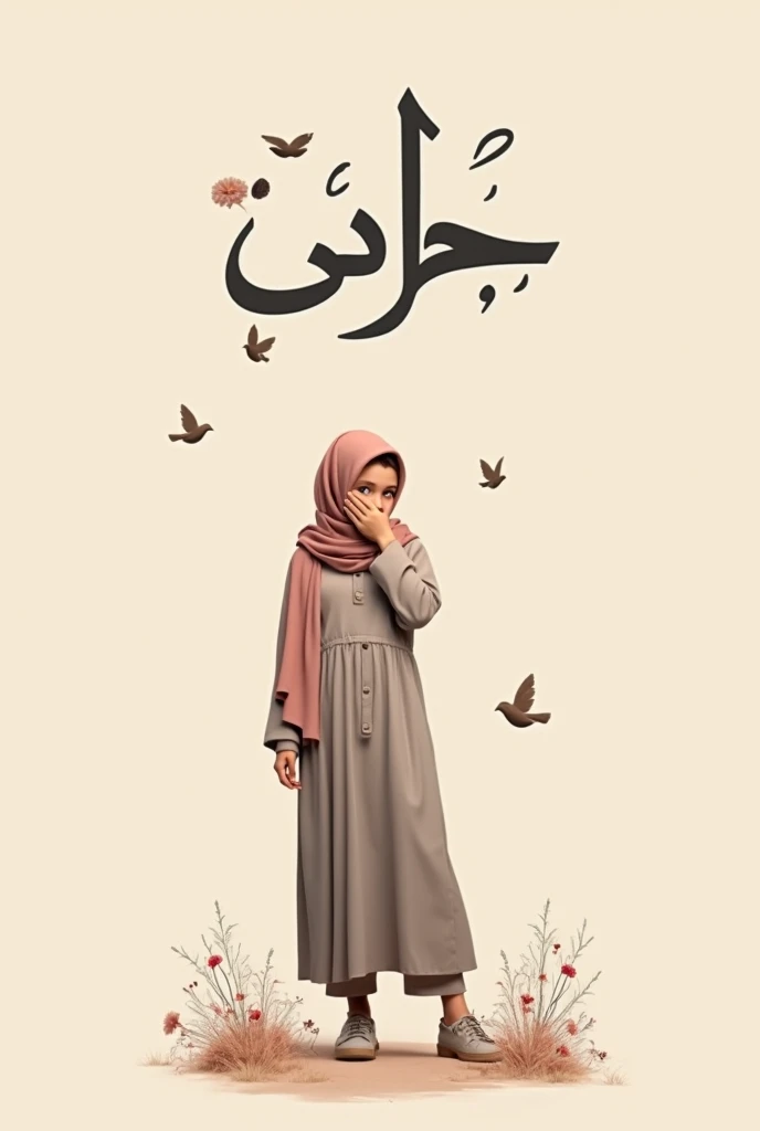 A girl is in a
green burqa, the whole burqa is spread out, wearing a burqa and holding an iPhone style
in her hand, and she is standing with ground and her shirt
written in the style (Hafsa).