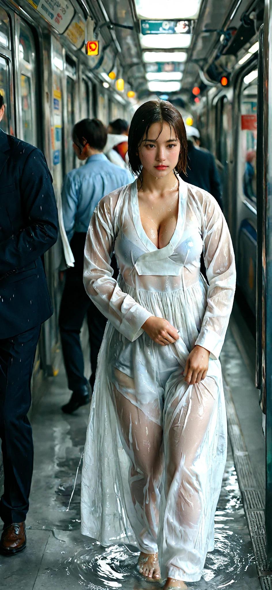 (highest quality、4K、High resolution)、Portrait、Beautifully detailed eyes、Perfectly shaped nose、Full and seductive lips、Shiny wet hair、A visually striking face、Ideal Body Proportions、A feminine, very thin and transparent primitive dress、Stand on a rooftop and look out over the city skyline、Tall modern skyscrapers、There was a strong wind blowing.、(Heavy rain was pouring down from the dark clouds:1.5)、Dramatic lightning lit up the sky、My wet clothes were sticking to my body、Kneeling gracefully and confidently on the rooftop、Fabric fluttering in the wind、Eyes staring straight into the camera lens、It creates a fascinating and powerful connection.