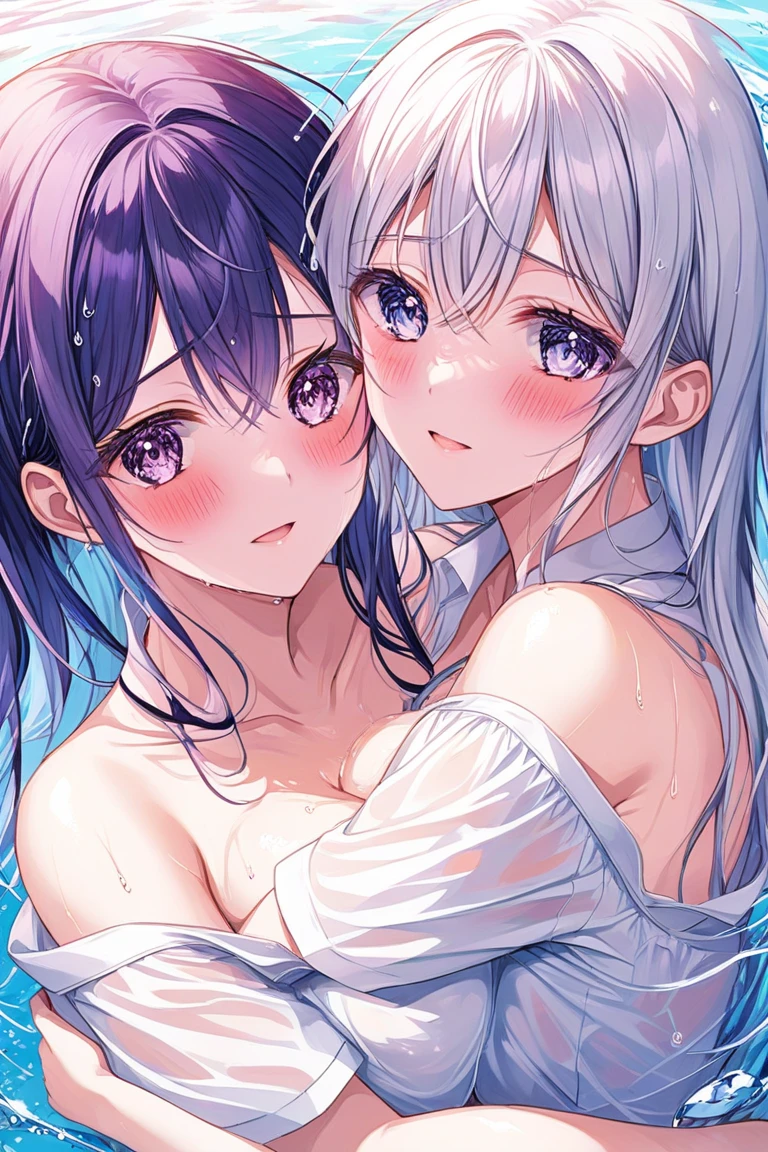 Two Women Masturbating for the Camera, totally naked and very wet, looking to the camera, they are kissing