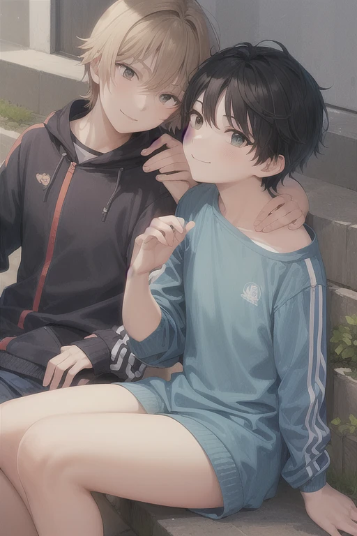 score_9, score_8_up, score_7_up, source_anime, best quality, masterpiece, official art, absurdres, highres, ultra-detailed,waifu2x,Collection: Slice of Life,break,1boy, 1girl, 15-year-old, short hair, black hair, small breasts, beautiful detailed eyes, well-proportioned iris and pupils, parted lips, beautiful detailed lips, gym uniform, byke shorts, sweat, blush, grabbing from behind, expressionless, sleepily, trembling, School ground, outdoors, wind, break,(clear line illustration:1.2),very high resolution, very aesthetic, super detailed skin, Best cinematic lighting powered by famous artist, 8k, beauty illustration,photoshop_(medium),,(Detailed Lighting),best anime 8k konachan wallpaper, pixiv contest winner,