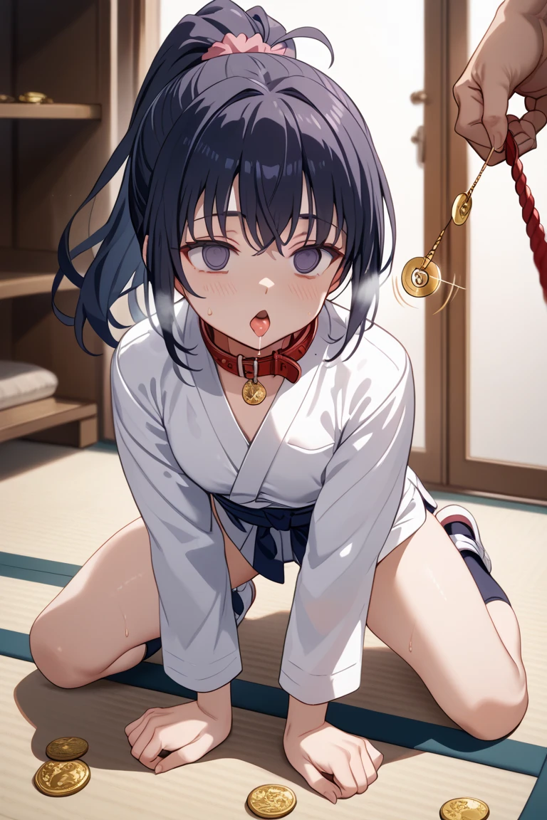 "Ono no Komachi, with her long, flowing black hair tied back in a simple, elegant bun, a traditional Japanese toilet. She is dressed in a modest, practical kimono with the sleeves tied back for ease of movement.,He's squatting,blush, ((pubic hair)),(legs spread),pussy, (((peeing))), squat,legs apart,pubic hair, pained expression, (((energetic urine))),(open mouth),(closed eyes)