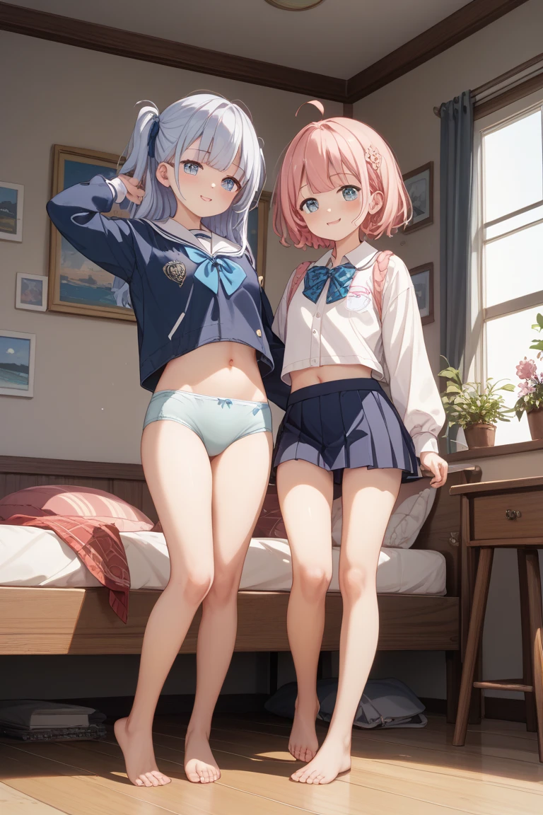 Best Quality,masutepiece,look down on, Upper body,Strands of hair,lightblue hair,white hair,Pink hair,Classroom,tiny chest、red blush, Bow, Red bow, Long sleeves, Shirt, Collared shirt, Skirt, Pleated skirt, Black skirt, tiny chest、looking at the viewers, BREAK (masutepiece:1.2), Best Quality, High resolution, Unity 8k壁纸, (Illustration:0.8), (Beautiful detailed eyes:1.6), extra detailed face, Perfect Lighting, extremely details CG, (Perfect hands, Perfect Anatomy),A smile、(Skirt lift:1.3), (White panty:1.3)、(Skirt that rolls up:1.3)、(Fully exposed panties:1.5),(Multiple girls)