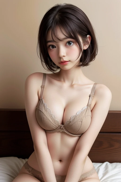 (masterpiece, Highest quality, Ultra-high resolution), (Photorealistic photography: 1.4、Perfect Anatomy), ((1 Girl, White skin: 1.4, Beautiful eyes, delicately drawn in light brown、Kneel, From above, Looking up at the audience, Face close-up, 19 years old, cute, cute, Black Hair, Bob_cut, short hair, Big Breasts: 1.6)) (Bikini Swimwear: 1.3, シンプルな青と黒のツートンBikini Swimwear, 光沢のある光沢のある光沢のあるBikini Swimwear, 反射面を備えた光沢のあるBikini Swimwear, Soaking wet: 1.2) (Portrait of a famous actress of Japan), (smile, Happy, Joyful, Hilarious, Close your mouth、Beautiful Teeth), (Breasts sandwiched between arms and chest、{gigantic|big|huge|mega} breasts, cleavage), Eye for detail, Detailed depiction、A truly pure white background, beautiful long neck, bangs, Eyelashes, Big eyes、