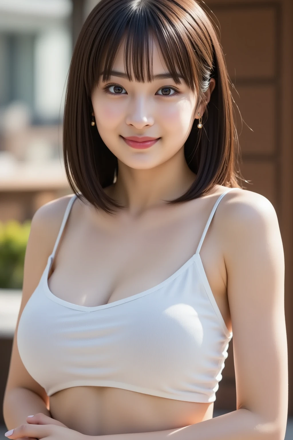 (Best quality, 8k, 32k, Masterpiece, UHD:1.2),Photo of Pretty Japanese woman,black short hair,beauty face,(leaning forward:1.3),squatting,(from above:1.2),(close up:1.4),pov,,looking at another,smile, loose t-shirt,large breasts,beautiful nipple slip,outdoors,windy,shiny skin,blurry background